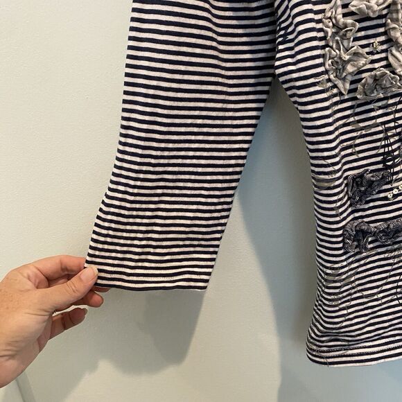 Coldwater Creek Top M Navy White Striped Mixed Media‎ Sequin 3D - Picture 4 of 11